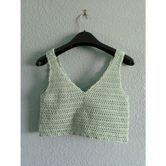 Crochet Open Knit V-Neck Cropped Tank - Mint (Handmade) - Picture 6 of 9